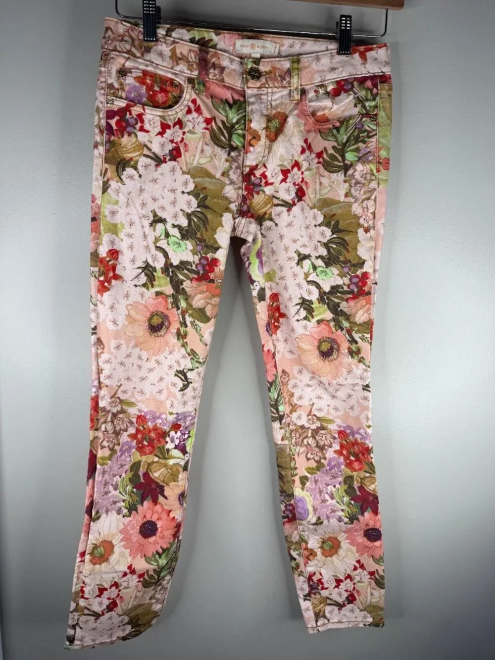 Tory Burch Pink Floral Print Jeans Super Skinny Size 27 - Picture 2 of 4